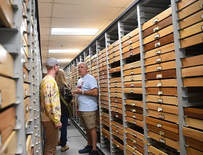 Entomologist Jeff Smith, curator of the Lepidoptera section of the Bohart Museum, talks about the thousands of butterfly and moth specimens. (Photo by Kathy Keatley Garvey)