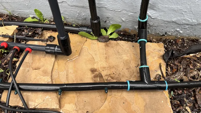 A drip irrigation set up with several connectors used.