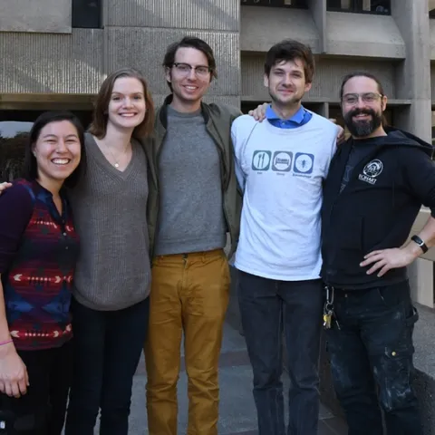 Members of the UC Linnaean Games Team from the UC Davis Department of Entomology and Nematology are doctoral students (from left) Hanna Kahl of the Jay Rosenheim lab; Jill Oberski of the Phil Ward lab; Miles Dakin of the Christian Nansen lab; and Zachary Griebenow and Brendon Boudinot of the Phil Ward lab. Boudinot has served on all four championship UC teams. (Photo by Kathy Keatley Garvey)