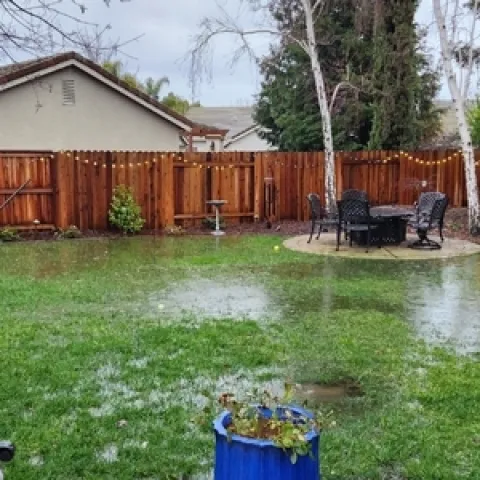Water in a backyard flooding the lawn.
