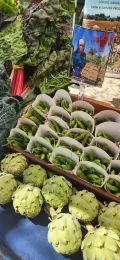 Rows of snap peas in paper french fry containers and 9 artichokes are flanked by green leafy vegetables. A