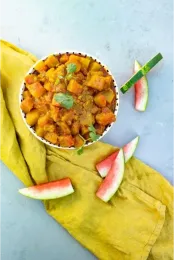 sliced watermelon rinds and bowl of prepared watermelon rind curry